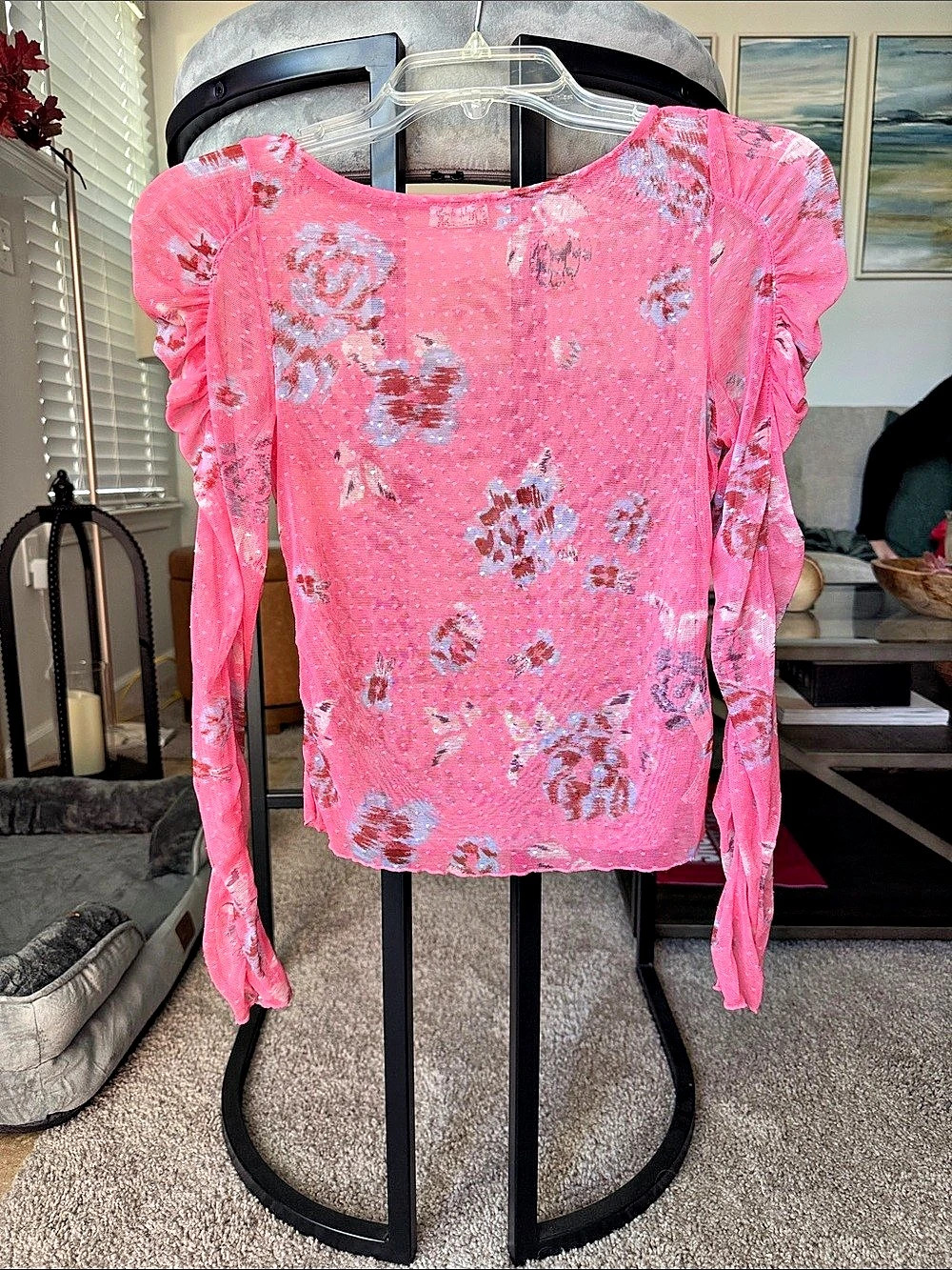 Free People On The Dot Layering Top Floral Mesh Pink & Gray XS
